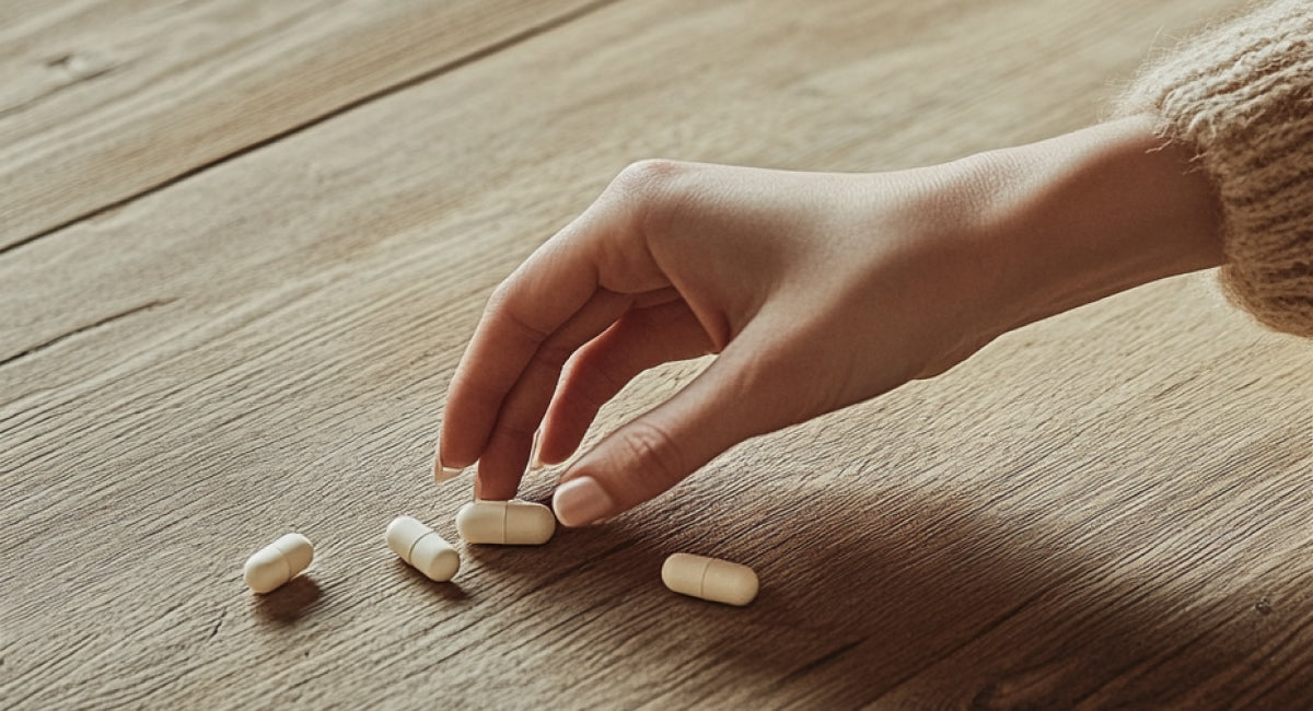 Assorted pills and supplements on a wooden surface.