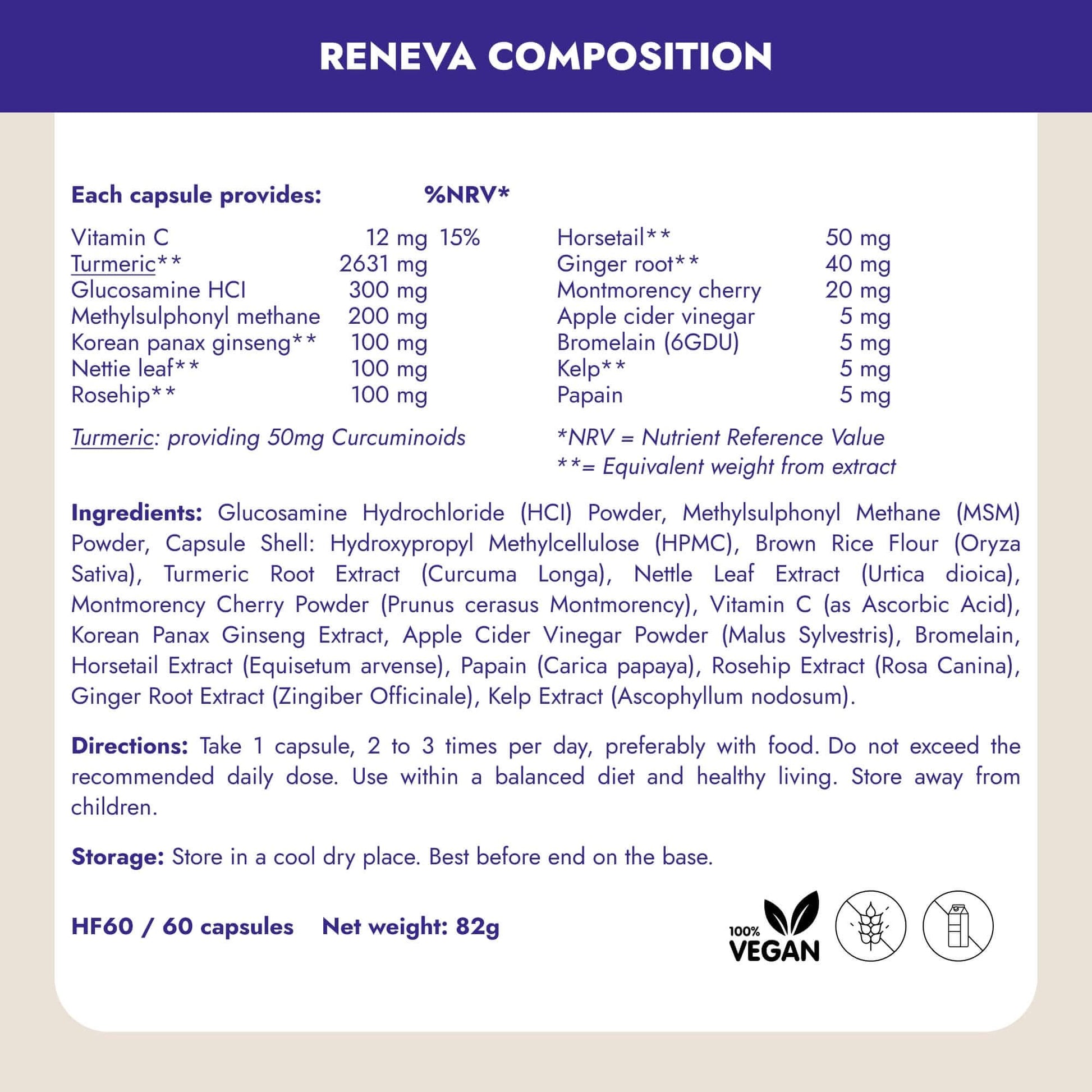 Reneva es una sinergia sin precedentes de 16 ingredientes naturales que ofrece una respuesta directa e innovadora a los desafíos articulares y óseos de la menopausia. Día a día, disfruta de una mayor flexibilidad y movilidad para una vida activa y sin dolor.
